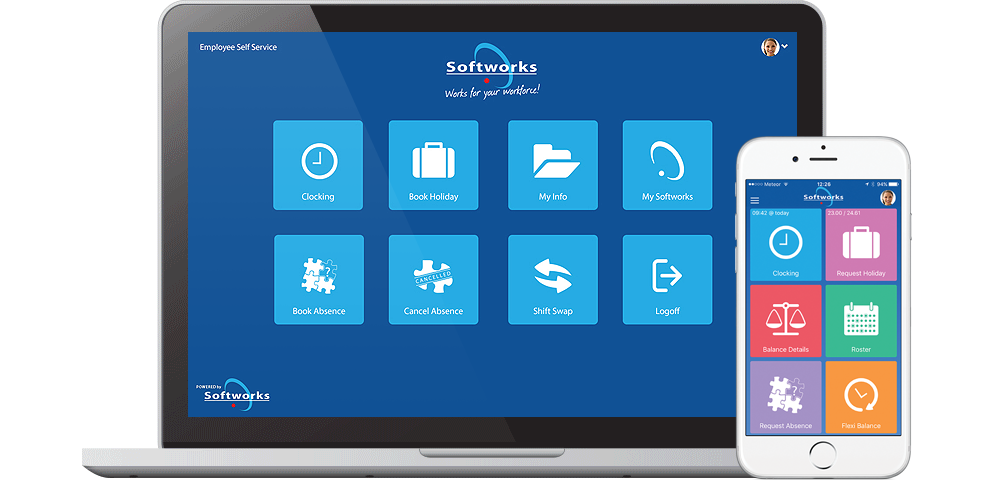 Softworks Employee Self Service App - screenshot on mobile and desktop