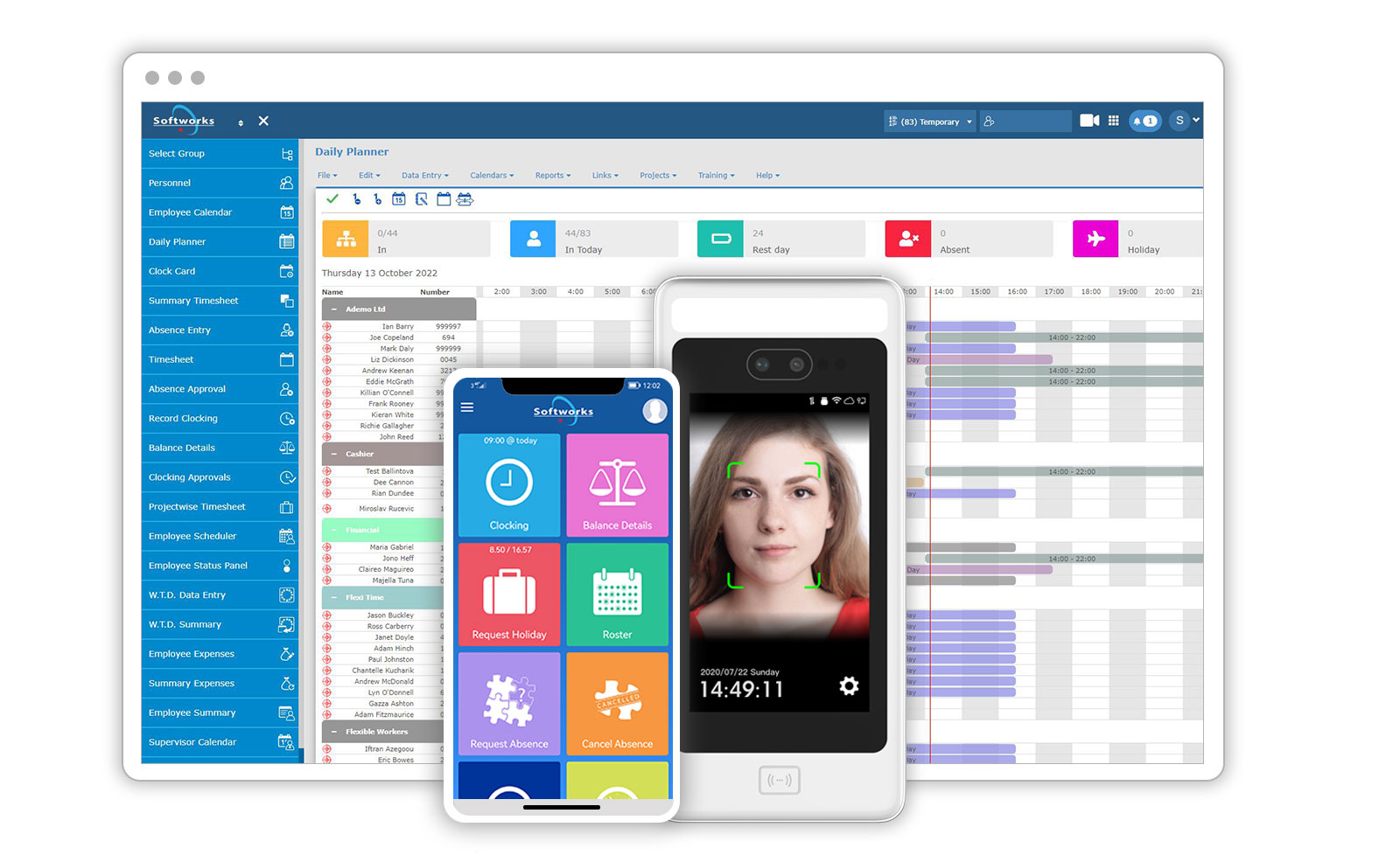 Screenshot of Softworks Workforce Management Software together with Softworks Self-Service App shown on mobile, and Facial Recognition Clocking Device next to it.
