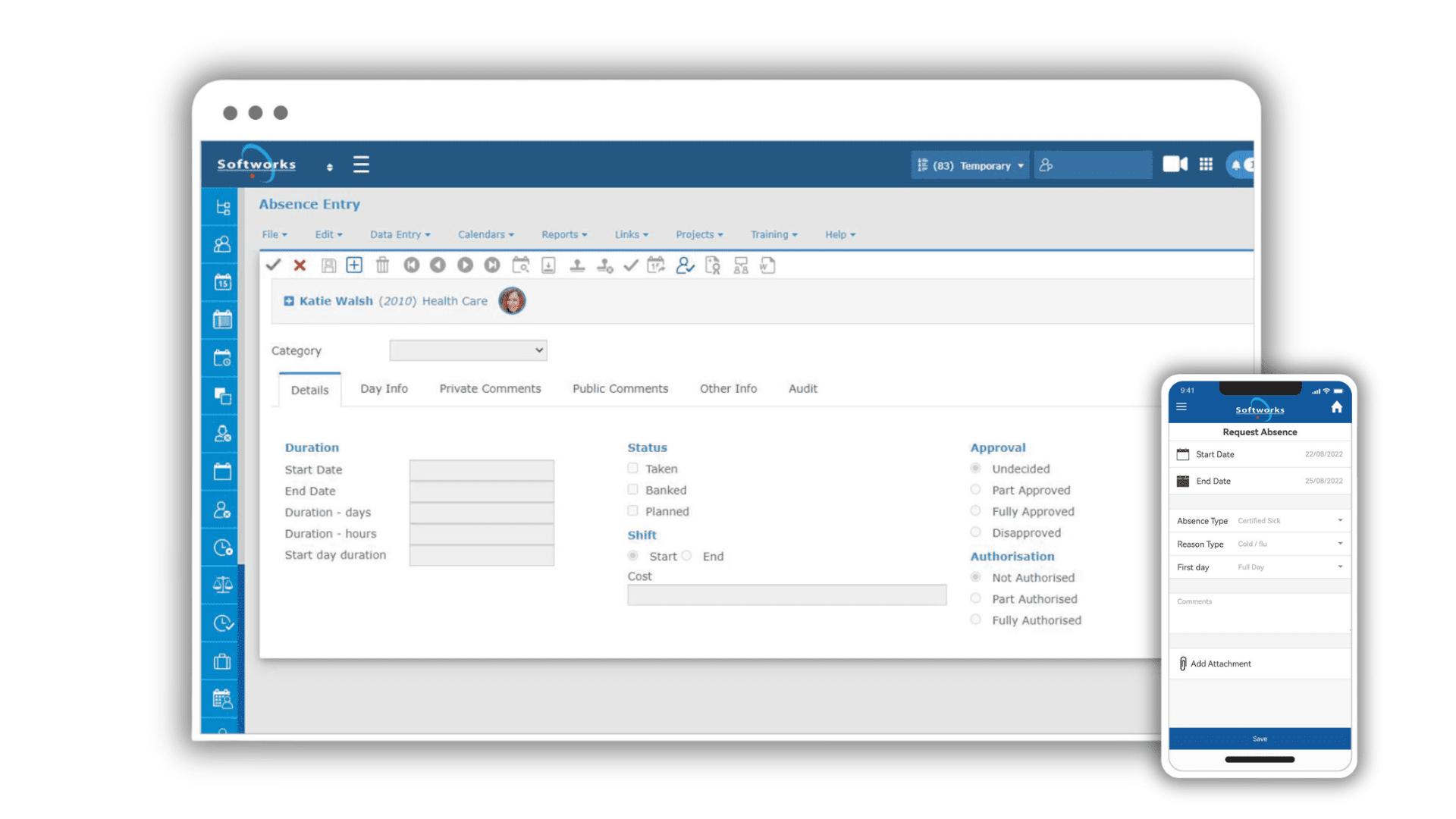 Softworks Absence Request screens on Desktop and Mobile.