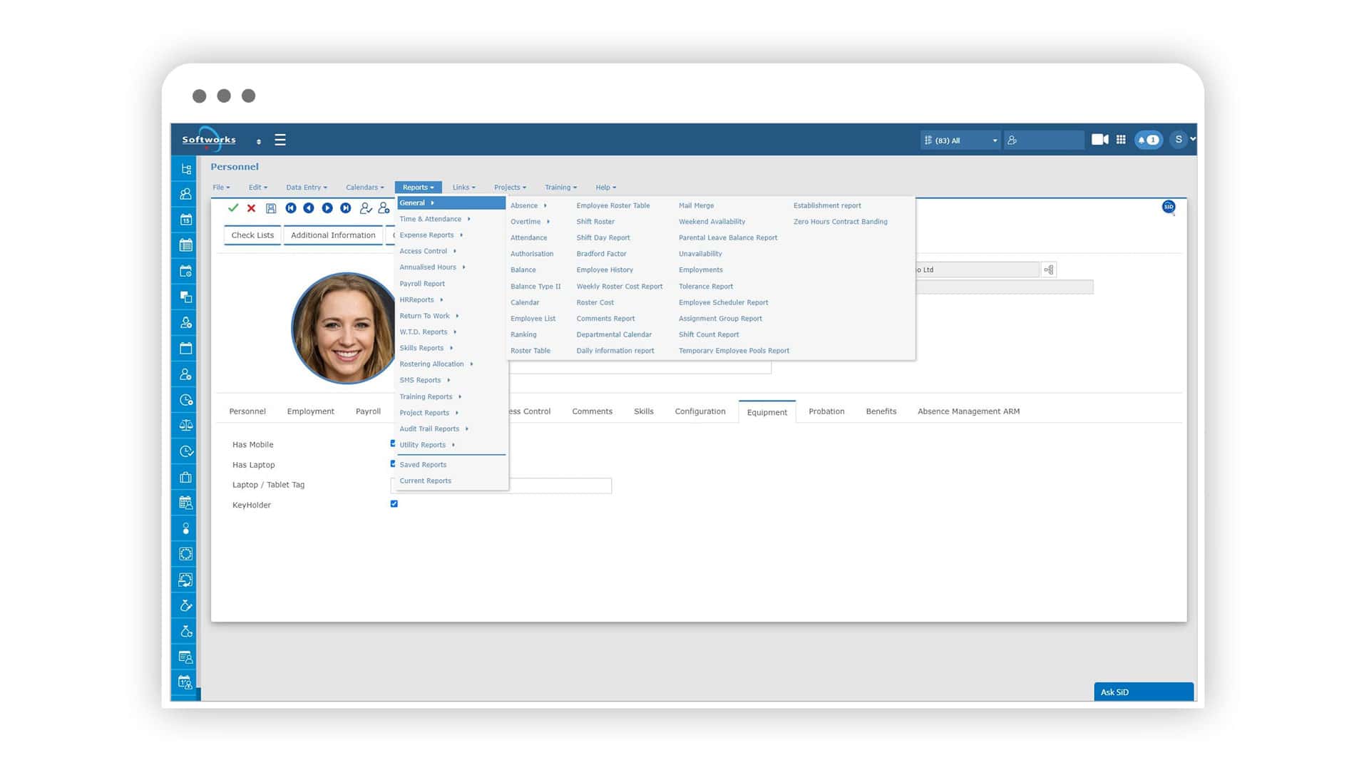 Softworks HR Management Software Personnel Reports screen.