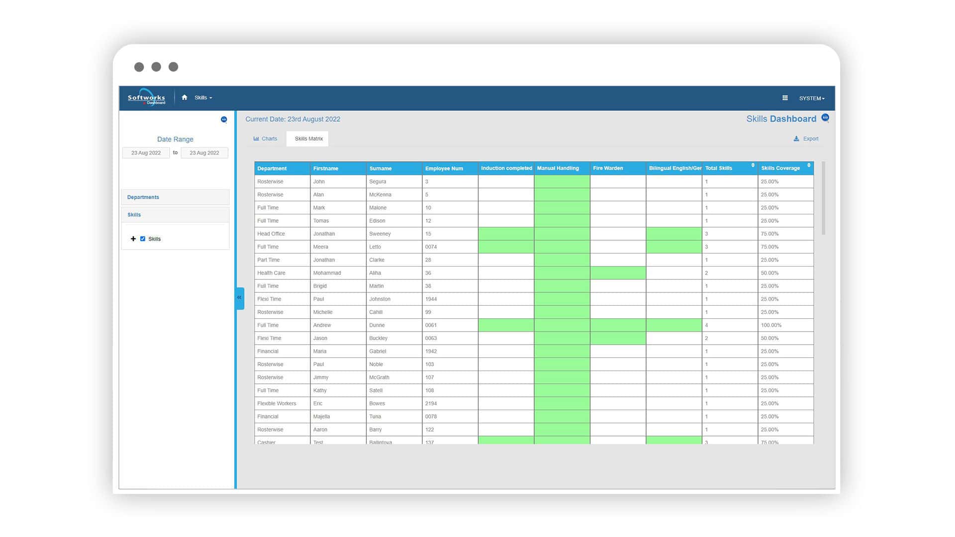 Softworks Skills Matrix screen.