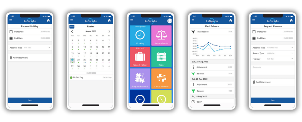 Softworks Employee Self-Service App screens in a row.
