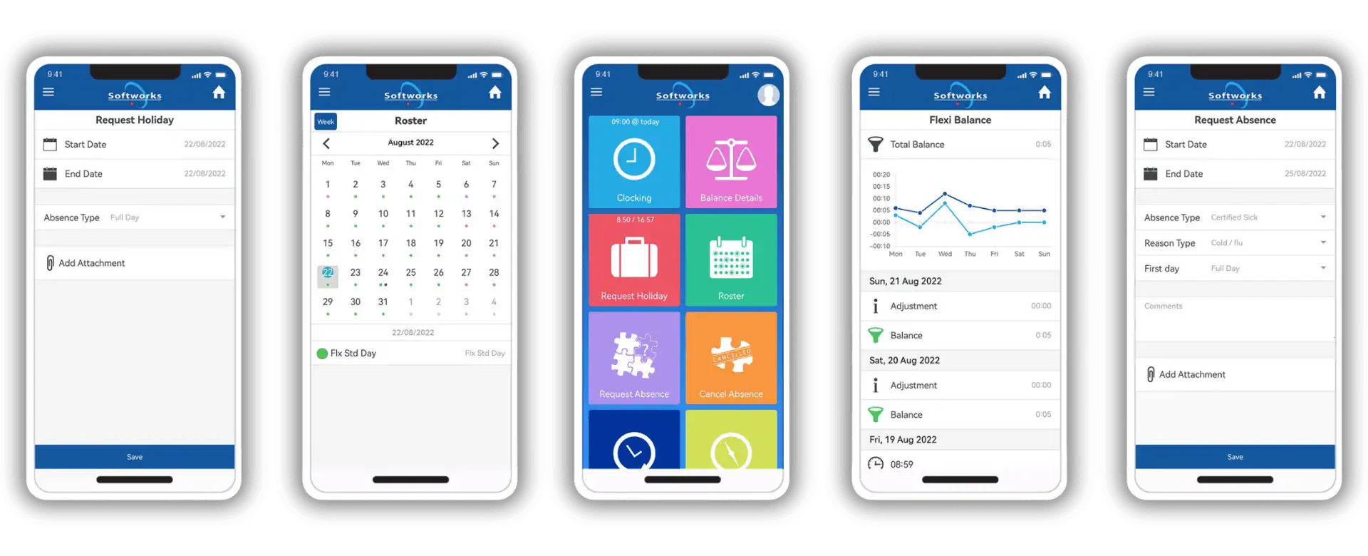 Softworks Employee Self-Service App screens in a row.