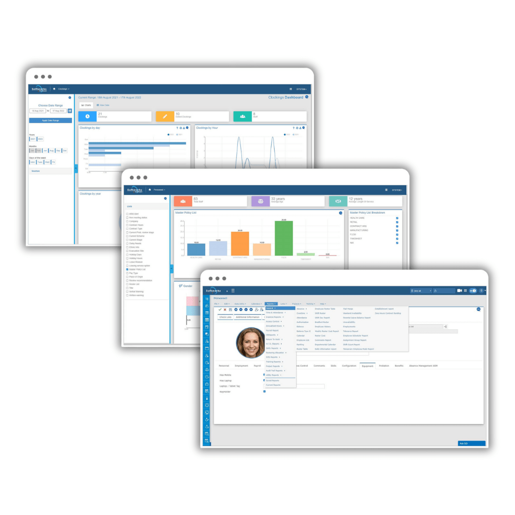 Three screens of Softworks Workforce Management Software