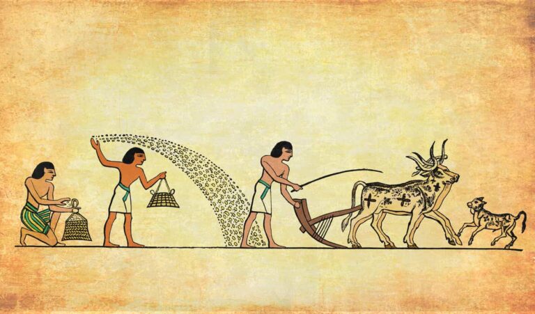 Ancient Egypt Agricultural work, workers plowing and planting seeds