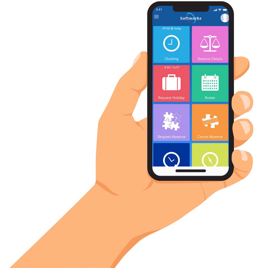 Smartphone with Softworks Employee Self-service App held in hand