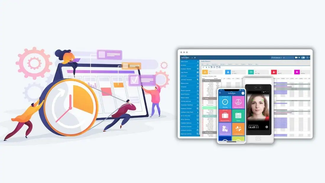 Screenshot of Softworks Automated Time and Attendance Software with Employee Self-service App and Biometric Clocking Device