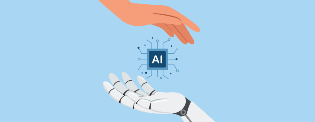 a hand reaching out to a robot's hand with AI in the middle