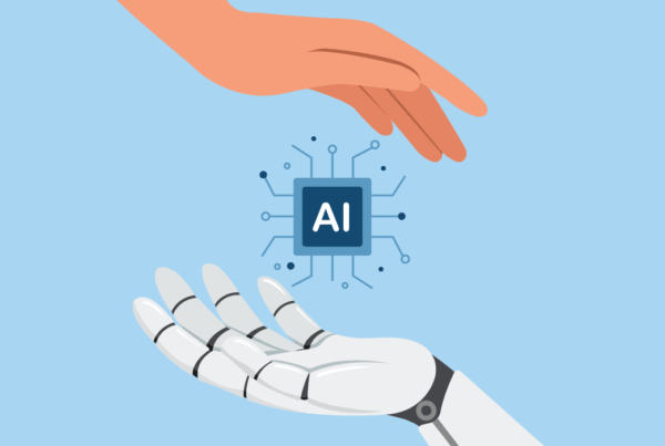 a hand reaching out to a robot's hand with AI in the middle