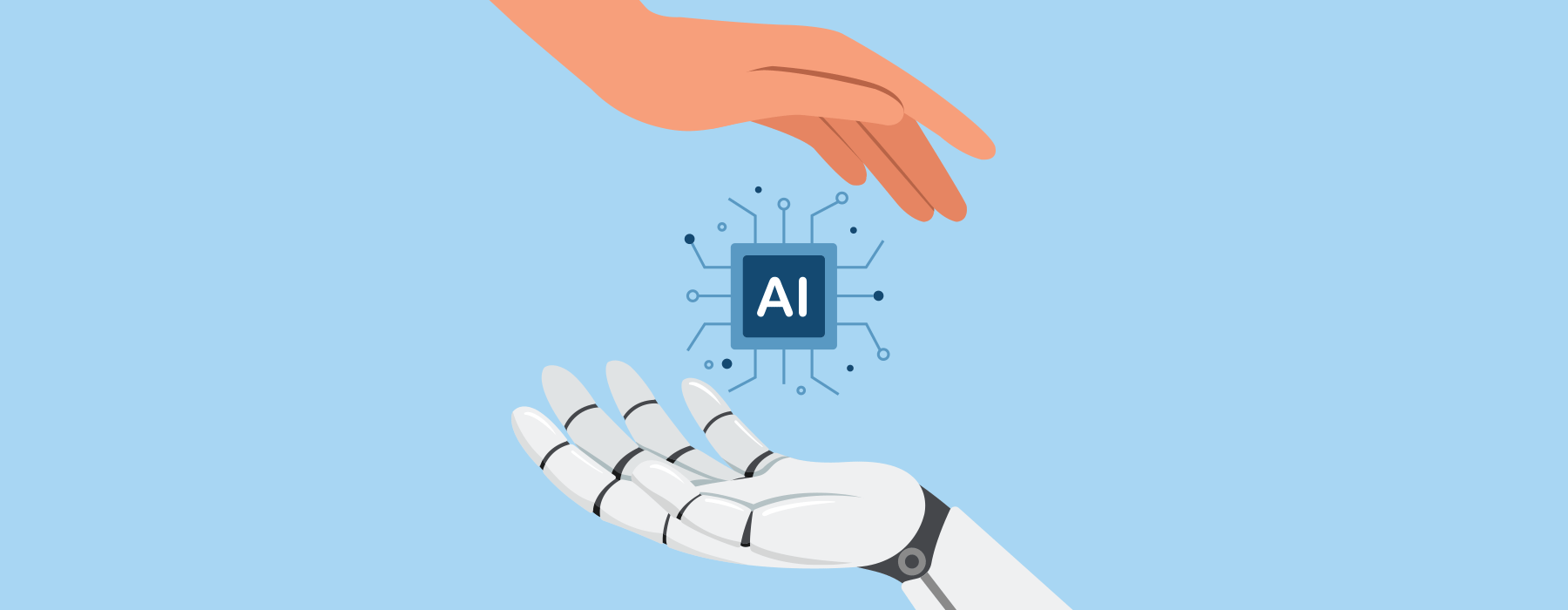 a hand reaching out to a robot's hand with AI in the middle