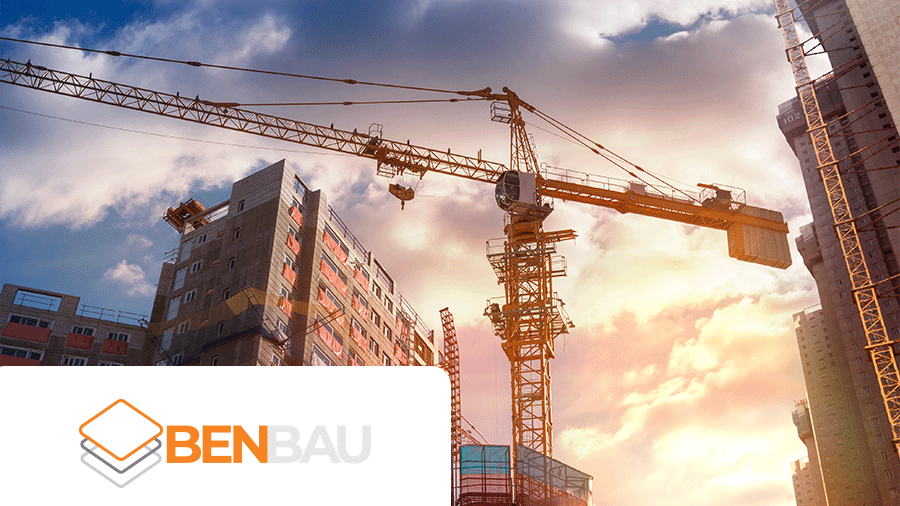 a crane and a building under construction with Benbau logo