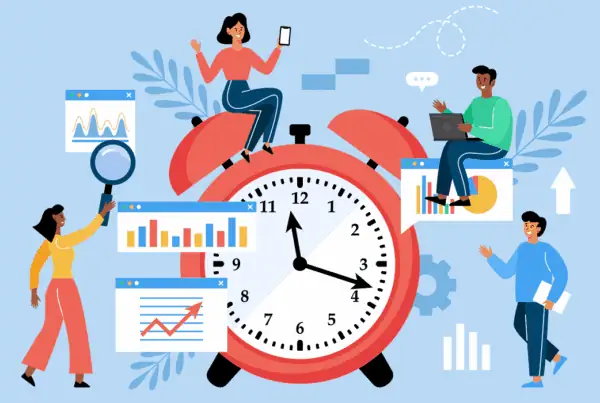 Illustration of people using workforce management software to analyse time, data, and insights around a central clock.