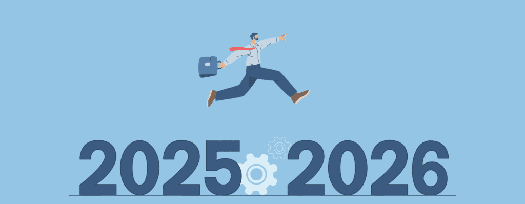 Illustration of Business man jumping from 2025 to 2026