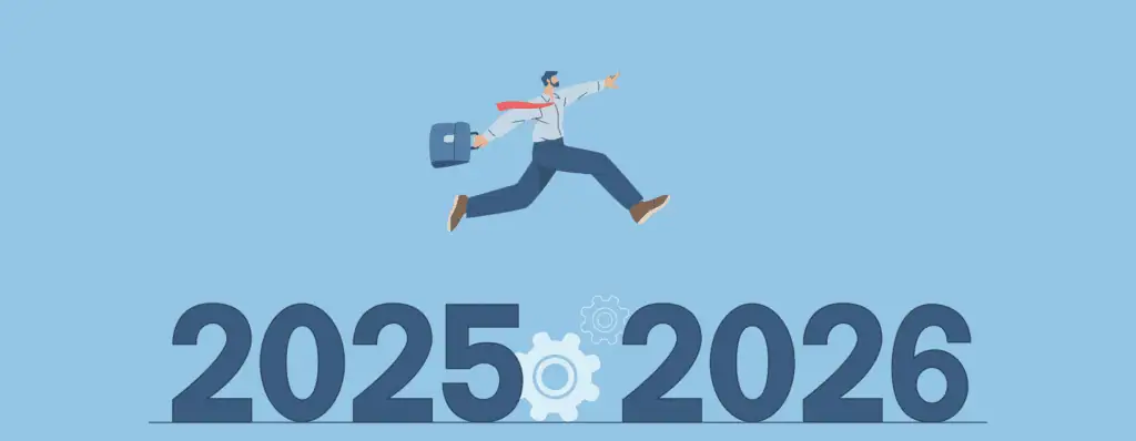 Illustration of Business man jumping from 2025 to 2026
