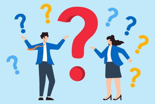 illustration of business people standing surrounded by question marks