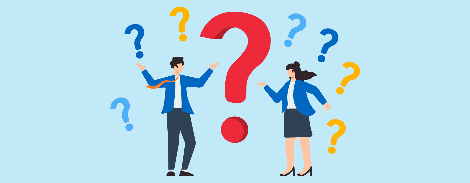 illustration of business people standing surrounded by question marks